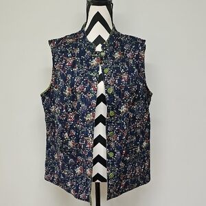 cj banks Reversible Navy Blue Floral & Lime Green Button Up Vest W/ Pockets Sz X